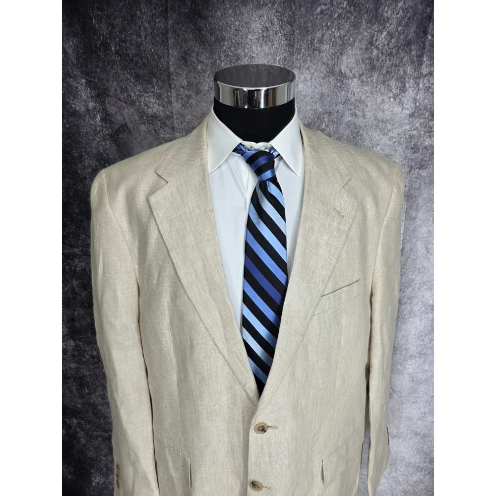 Alan Flusser Blazer Mens 44R Beige Herringbone Sports Coat‎ Jacket 2 Buttons *